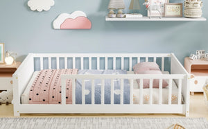 English Elm Twin Floor Bed for Kids with Rubberwood Frame Guardrail and Built-In Book Rack White Full Without Door W504P499734