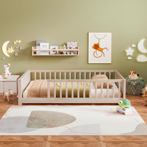 English Elm Twin Floor Bed for Kids with Rubberwood Frame Guardrail and Built-In Book Rack Natural Full Without Door W504P499735