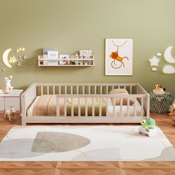 English Elm Twin Floor Bed for Kids with Rubberwood Frame Guardrail and Built-In Book Rack Natural Full Without Door W504P499735