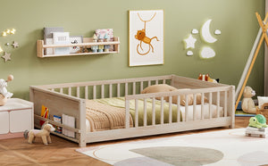 English Elm Twin Floor Bed for Kids with Rubberwood Frame Guardrail and Built-In Book Rack Natural Full Without Door W504P499735