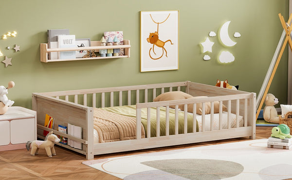 English Elm Twin Floor Bed for Kids with Rubberwood Frame Guardrail and Built-In Book Rack Natural Full Without Door W504P499735