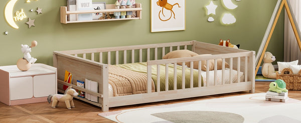 English Elm Twin Floor Bed for Kids with Rubberwood Frame Guardrail and Built-In Book Rack Natural Full Without Door W504P499735
