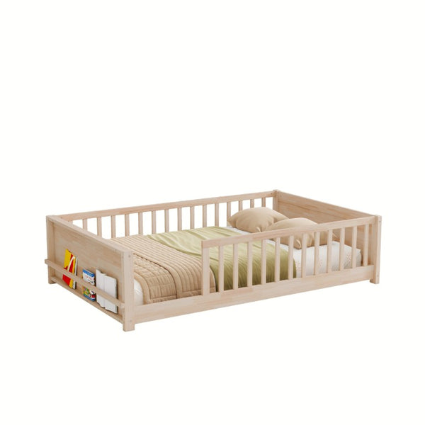 English Elm Twin Floor Bed for Kids with Rubberwood Frame Guardrail and Built-In Book Rack Natural Full Without Door W504P499735