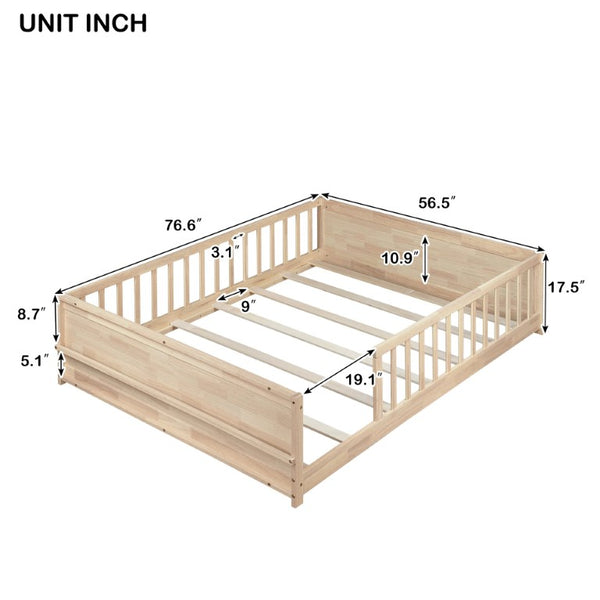 English Elm Twin Floor Bed for Kids with Rubberwood Frame Guardrail and Built-In Book Rack Natural Full Without Door W504P499735
