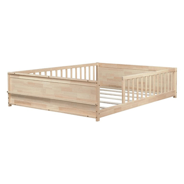 English Elm Twin Floor Bed for Kids with Rubberwood Frame Guardrail and Built-In Book Rack Natural Full Without Door W504P499735