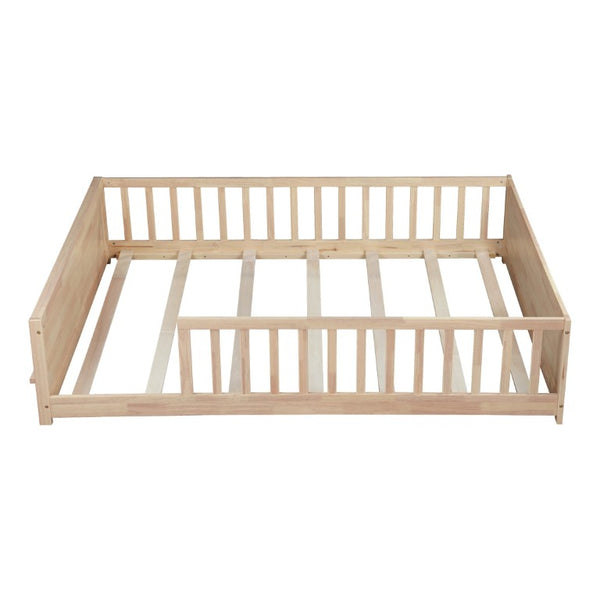English Elm Twin Floor Bed for Kids with Rubberwood Frame Guardrail and Built-In Book Rack Natural Full Without Door W504P499735