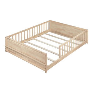 English Elm Twin Floor Bed for Kids with Rubberwood Frame Guardrail and Built-In Book Rack Natural Full Without Door W504P499735