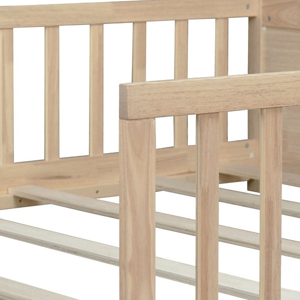 English Elm Twin Floor Bed for Kids with Rubberwood Frame Guardrail and Built-In Book Rack Natural Full Without Door W504P499735