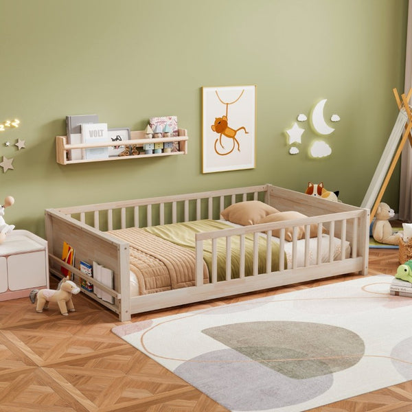 English Elm Twin Floor Bed for Kids with Rubberwood Frame Guardrail and Built-In Book Rack Natural Full Without Door W504P499735