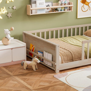 English Elm Twin Floor Bed for Kids with Rubberwood Frame Guardrail and Built-In Book Rack Natural Full Without Door W504P499735