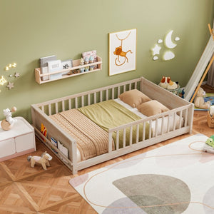 English Elm Twin Floor Bed for Kids with Rubberwood Frame Guardrail and Built-In Book Rack Natural Full Without Door W504P499735