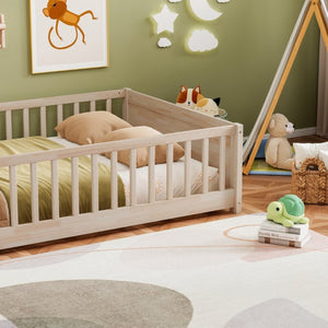English Elm Twin Floor Bed for Kids with Rubberwood Frame Guardrail and Built-In Book Rack Natural Full Without Door W504P499735