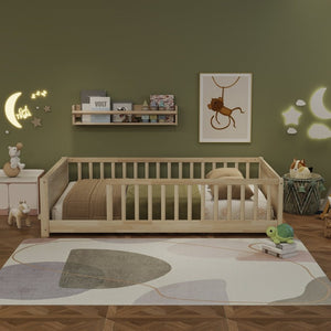 English Elm Twin Floor Bed for Kids with Rubberwood Frame Guardrail and Built-In Book Rack Natural Full Without Door W504P499735