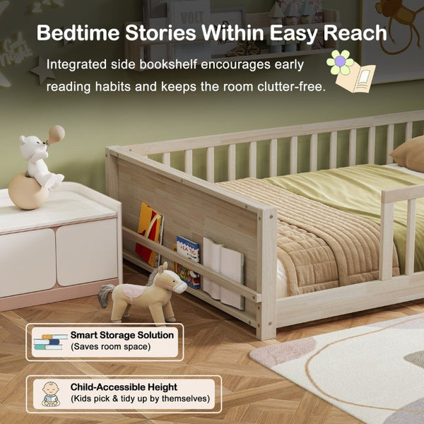 English Elm Twin Floor Bed for Kids with Rubberwood Frame Guardrail and Built-In Book Rack Natural Full Without Door W504P499735