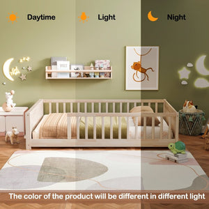 English Elm Twin Floor Bed for Kids with Rubberwood Frame Guardrail and Built-In Book Rack Natural Full Without Door W504P499735