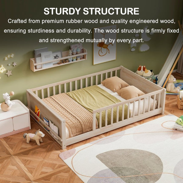 English Elm Twin Floor Bed for Kids with Rubberwood Frame Guardrail and Built-In Book Rack Natural Full Without Door W504P499735