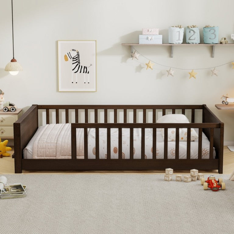 English Elm Twin Floor Bed for Kids with Rubberwood Frame Guardrail and Built-In Book Rack Espresso Full Without Door W504P499736