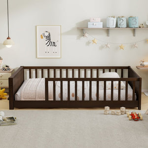 English Elm Twin Floor Bed for Kids with Rubberwood Frame Guardrail and Built-In Book Rack Espresso Full Without Door W504P499736