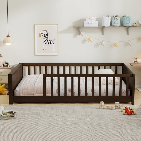 English Elm Twin Floor Bed for Kids with Rubberwood Frame Guardrail and Built-In Book Rack Espresso Full Without Door W504P499736