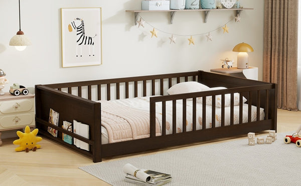 English Elm Twin Floor Bed for Kids with Rubberwood Frame Guardrail and Built-In Book Rack Espresso Full Without Door W504P499736
