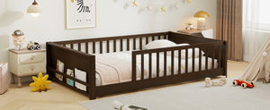 English Elm Twin Floor Bed for Kids with Rubberwood Frame Guardrail and Built-In Book Rack Espresso Full Without Door W504P499736