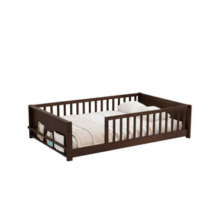 English Elm Twin Floor Bed for Kids with Rubberwood Frame Guardrail and Built-In Book Rack Espresso Full Without Door W504P499736