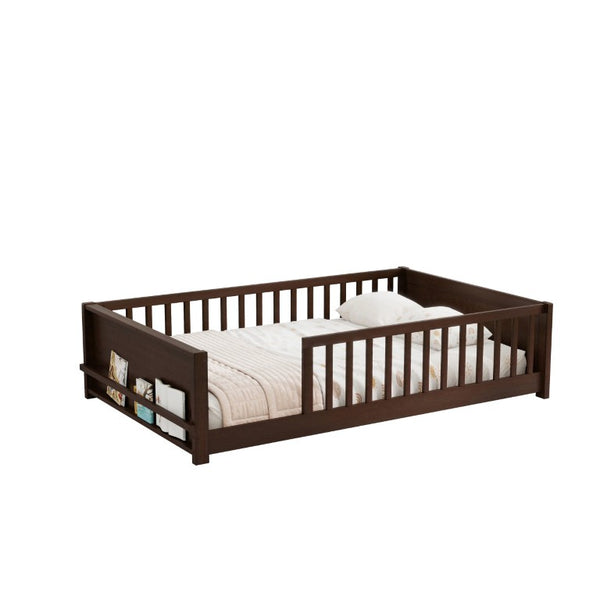 English Elm Twin Floor Bed for Kids with Rubberwood Frame Guardrail and Built-In Book Rack Espresso Full Without Door W504P499736