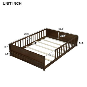 English Elm Twin Floor Bed for Kids with Rubberwood Frame Guardrail and Built-In Book Rack Espresso Full Without Door W504P499736