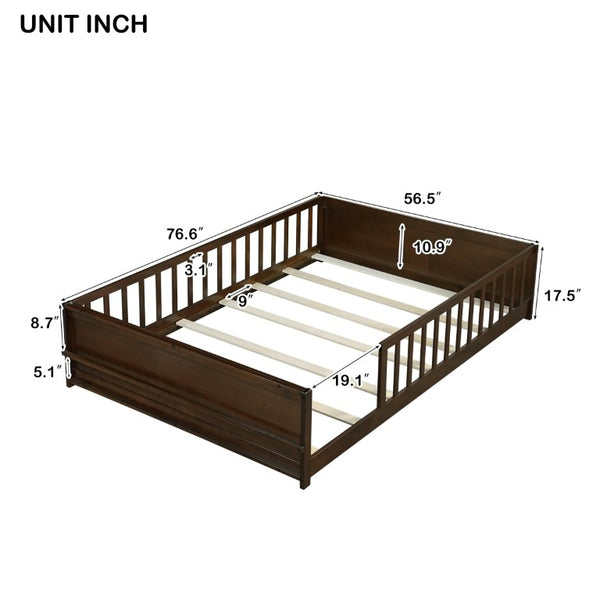 English Elm Twin Floor Bed for Kids with Rubberwood Frame Guardrail and Built-In Book Rack Espresso Full Without Door W504P499736