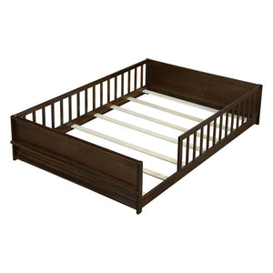 English Elm Twin Floor Bed for Kids with Rubberwood Frame Guardrail and Built-In Book Rack Espresso Full Without Door W504P499736