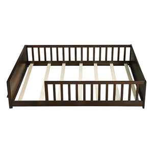 English Elm Twin Floor Bed for Kids with Rubberwood Frame Guardrail and Built-In Book Rack Espresso Full Without Door W504P499736