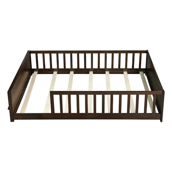 English Elm Twin Floor Bed for Kids with Rubberwood Frame Guardrail and Built-In Book Rack Espresso Full Without Door W504P499736