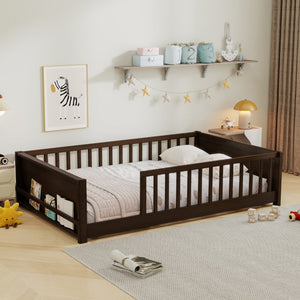English Elm Twin Floor Bed for Kids with Rubberwood Frame Guardrail and Built-In Book Rack Espresso Full Without Door W504P499736