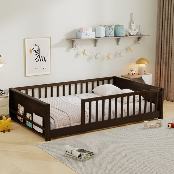 English Elm Twin Floor Bed for Kids with Rubberwood Frame Guardrail and Built-In Book Rack Espresso Full Without Door W504P499736