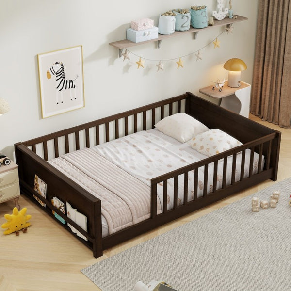 English Elm Twin Floor Bed for Kids with Rubberwood Frame Guardrail and Built-In Book Rack Espresso Full Without Door W504P499736