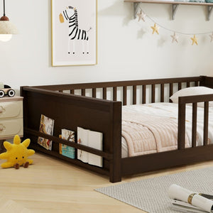 English Elm Twin Floor Bed for Kids with Rubberwood Frame Guardrail and Built-In Book Rack Espresso Full Without Door W504P499736