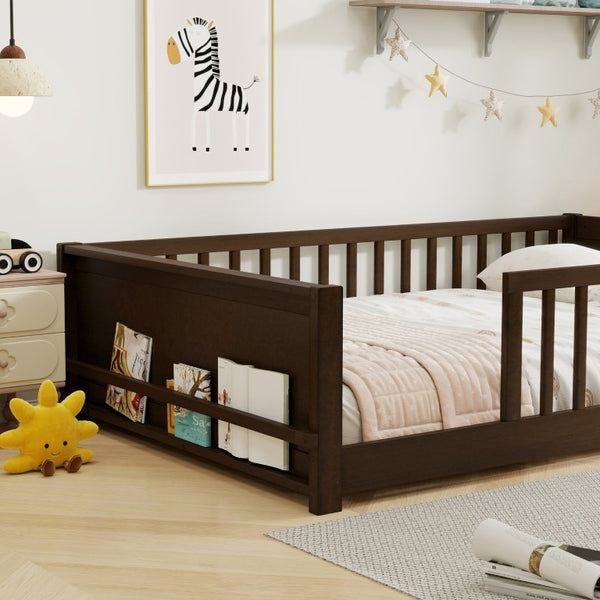 English Elm Twin Floor Bed for Kids with Rubberwood Frame Guardrail and Built-In Book Rack Espresso Full Without Door W504P499736