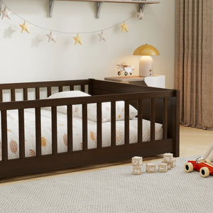 English Elm Twin Floor Bed for Kids with Rubberwood Frame Guardrail and Built-In Book Rack Espresso Full Without Door W504P499736