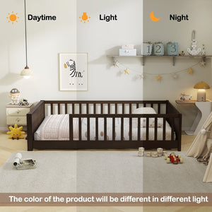 English Elm Twin Floor Bed for Kids with Rubberwood Frame Guardrail and Built-In Book Rack Espresso Full Without Door W504P499736