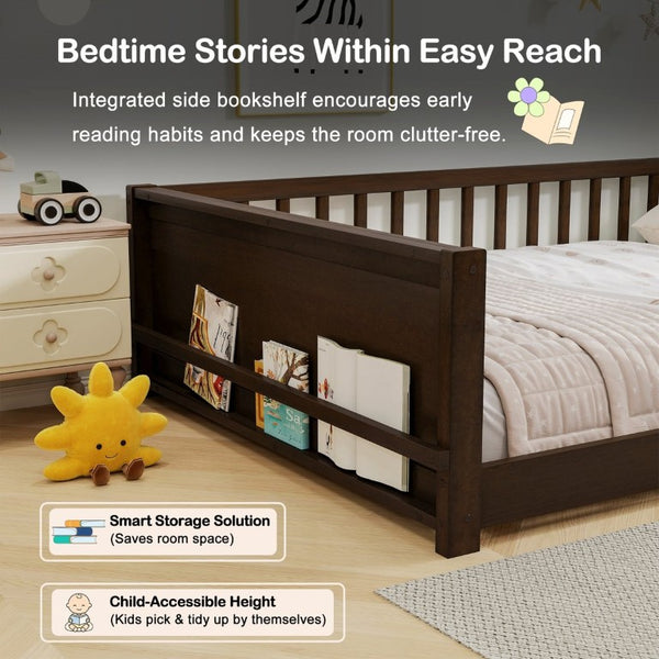 English Elm Twin Floor Bed for Kids with Rubberwood Frame Guardrail and Built-In Book Rack Espresso Full Without Door W504P499736