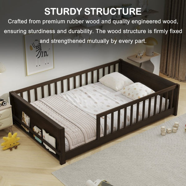English Elm Twin Floor Bed for Kids with Rubberwood Frame Guardrail and Built-In Book Rack Espresso Full Without Door W504P499736