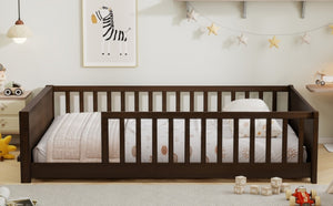 English Elm Twin Floor Bed for Kids with Rubberwood Frame Guardrail and Built-In Book Rack Espresso Full Without Door W504P499736