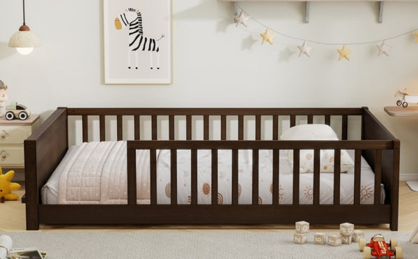 English Elm Twin Floor Bed for Kids with Rubberwood Frame Guardrail and Built-In Book Rack Espresso Full Without Door W504P499736