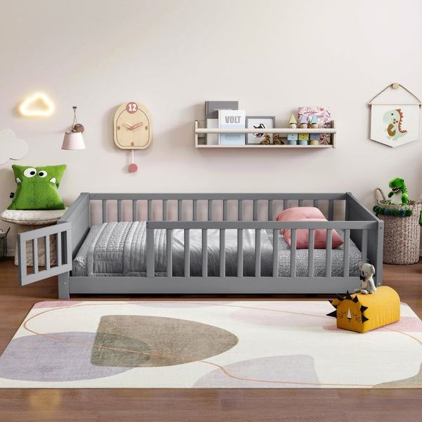 English Elm Twin Floor Bed for Kids with Rubberwood Frame Guardrail and Built-In Book Rack Grey Full With Door W504P499738