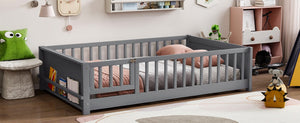 English Elm Twin Floor Bed for Kids with Rubberwood Frame Guardrail and Built-In Book Rack Grey Full With Door W504P499738