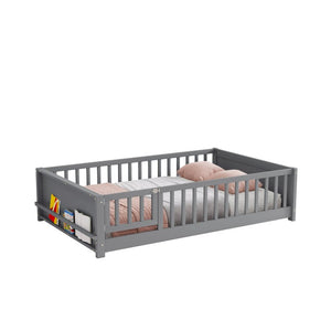 English Elm Twin Floor Bed for Kids with Rubberwood Frame Guardrail and Built-In Book Rack Grey Full With Door W504P499738