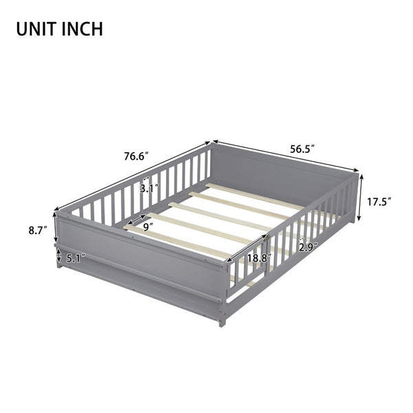 English Elm Twin Floor Bed for Kids with Rubberwood Frame Guardrail and Built-In Book Rack Grey Full With Door W504P499738