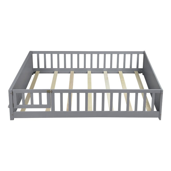 English Elm Twin Floor Bed for Kids with Rubberwood Frame Guardrail and Built-In Book Rack Grey Full With Door W504P499738