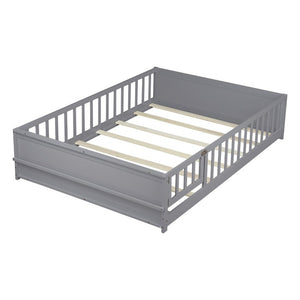 English Elm Twin Floor Bed for Kids with Rubberwood Frame Guardrail and Built-In Book Rack Grey Full With Door W504P499738