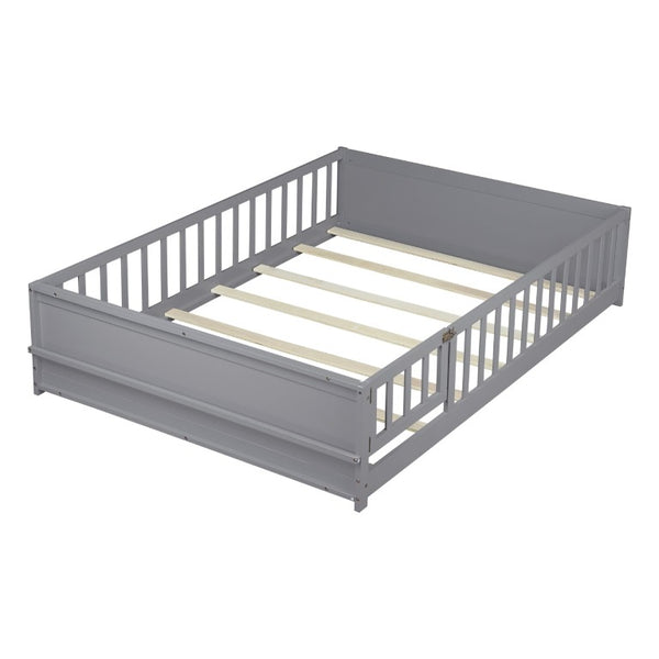 English Elm Twin Floor Bed for Kids with Rubberwood Frame Guardrail and Built-In Book Rack Grey Full With Door W504P499738